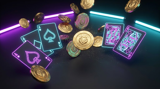 Premium casino background with neon playing cards and gold coins floating in a dark atmospheric space